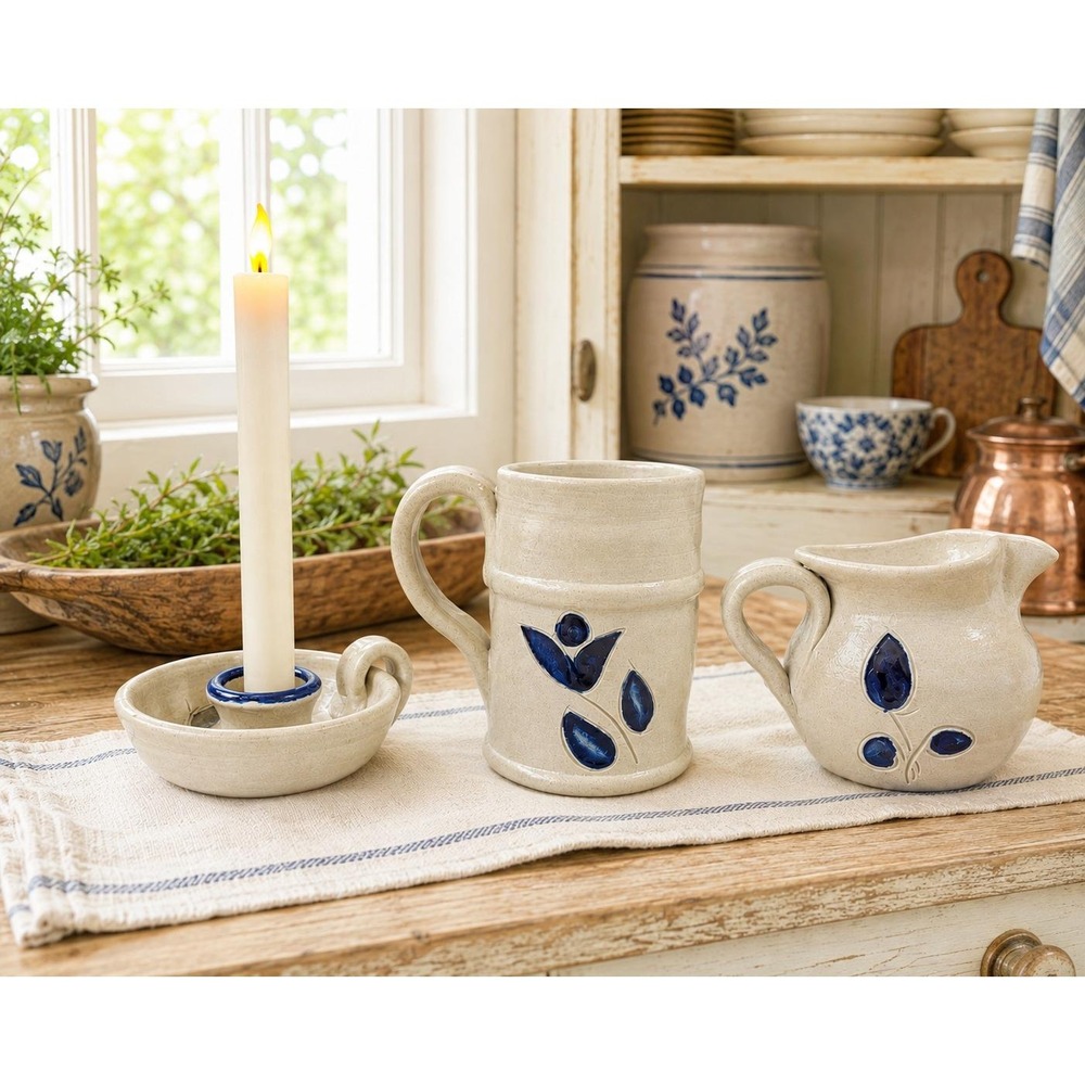 Williamsburg Pottery Salt Glaze Stoneware Set 3pc Pitcher Mug Candle Holder Blue